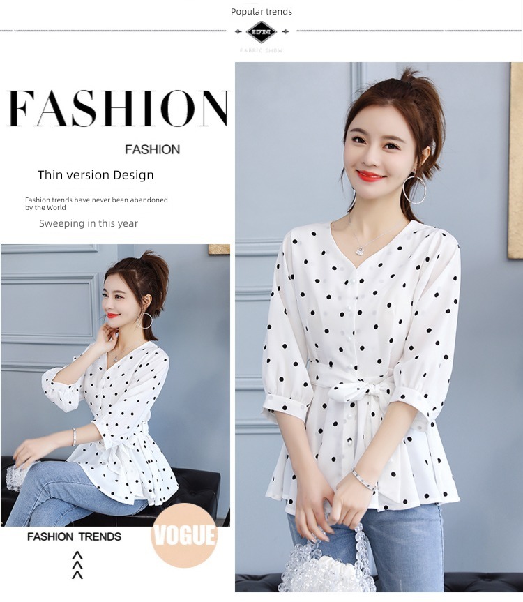 Korean version Temperament lady Frenulum Close your waist Skirt Ruffles Baby shirt jacket Short sleeve Wave point Chiffon shirt female summer
