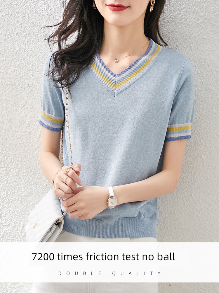 Color contrast V-neck Ice silk Thin money Sweater Show thin summer wear