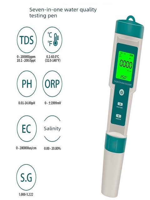 七合一水质检测笔PH/TDS/EC/盐度/SG/ORP/温度便携ph测试笔