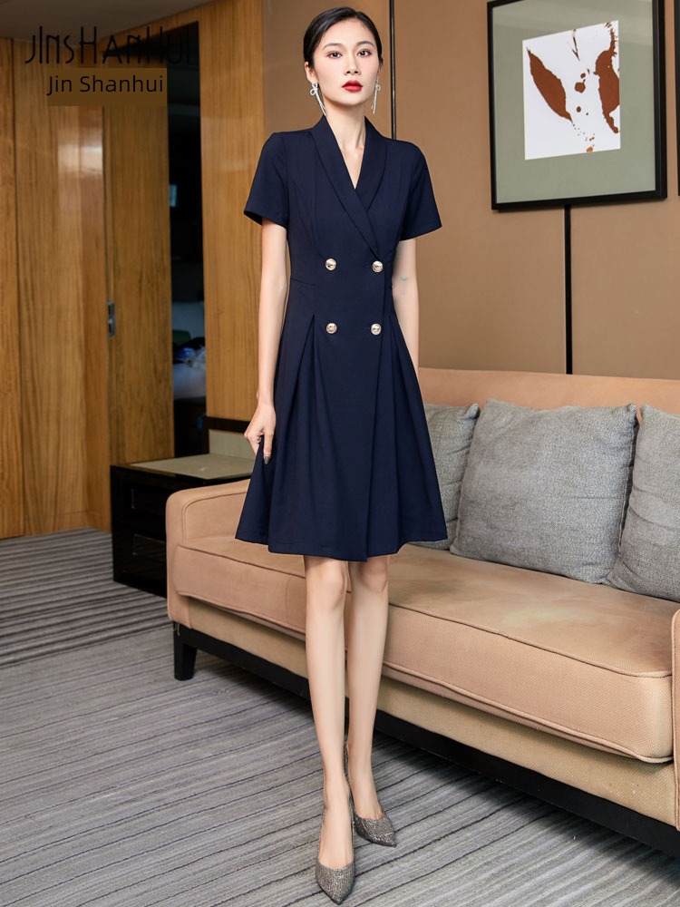 Korean version commute Short sleeve double-breasted Pleated skirt tailored collar
