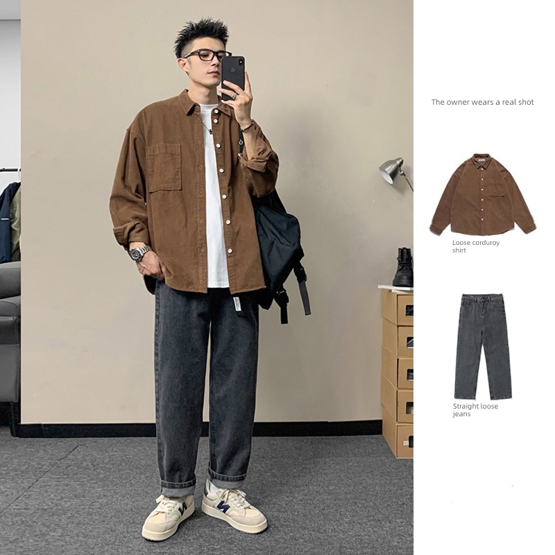 corduroy Korean version a set collocation solar system Long sleeve shirt