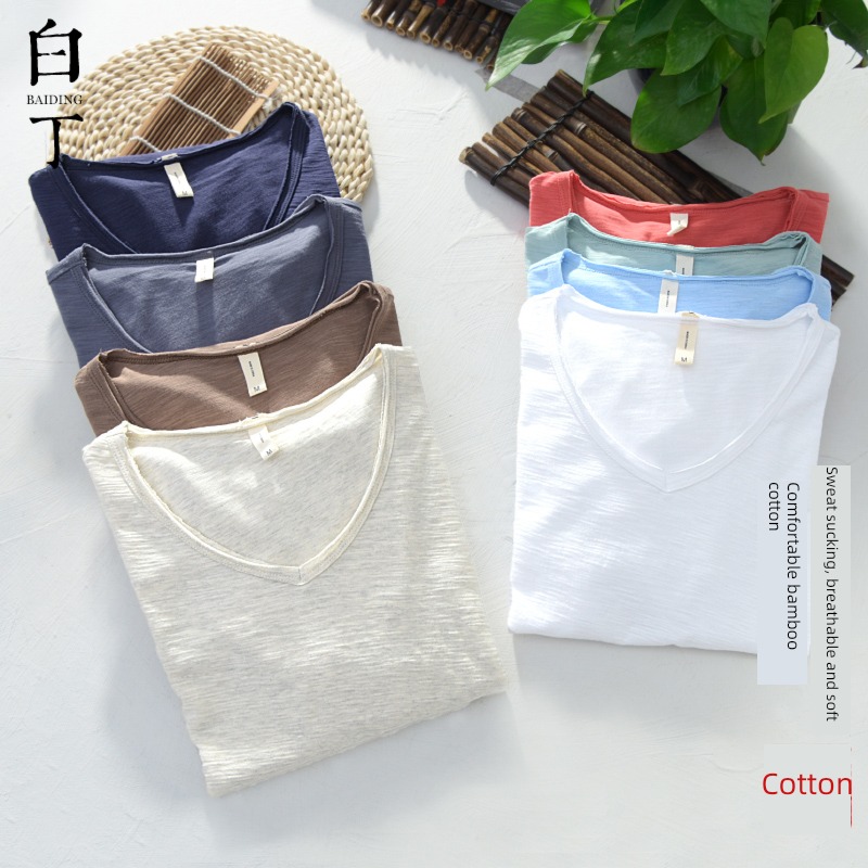 summer Thin money Slubby cotton leisure time V Collar short sleeve T-shirt