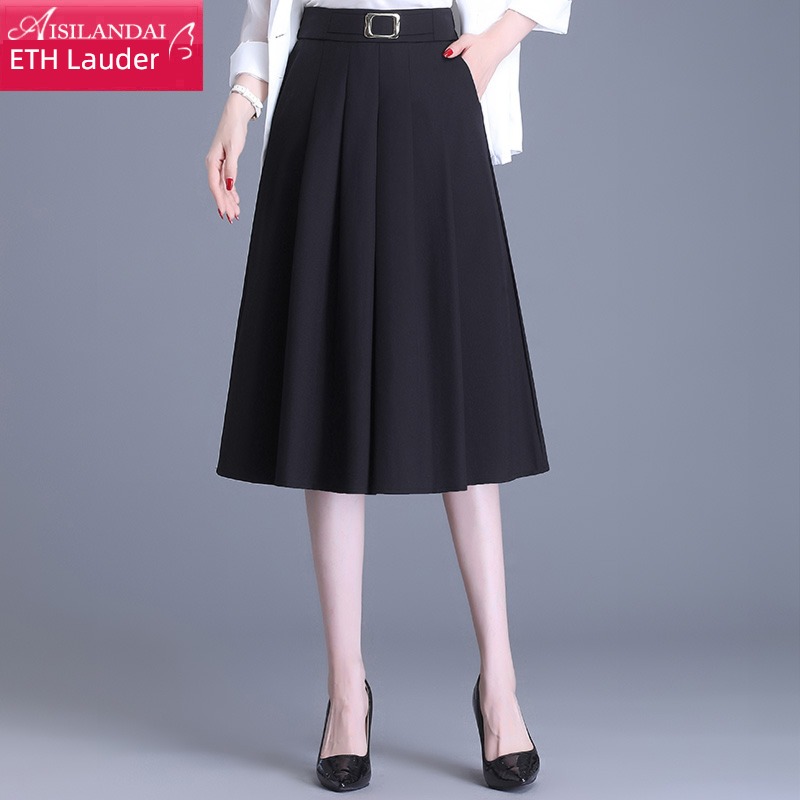 Spring and Autumn black Medium length Pleat leisure time skirt