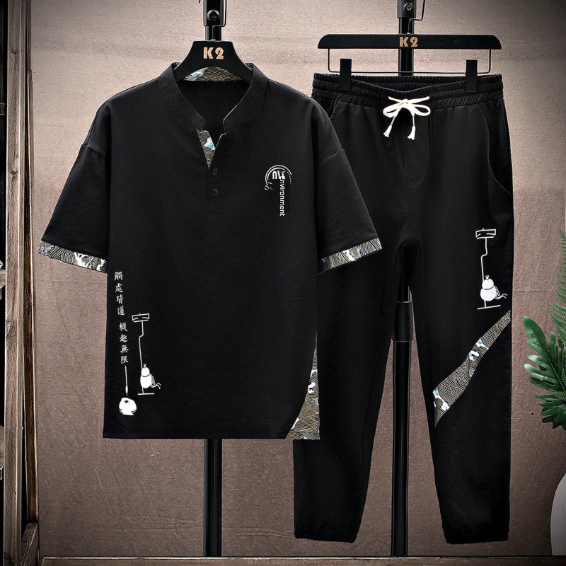 Chinese style Ice silk Hanfu Tang costume a set Short sleeve T-shirt
