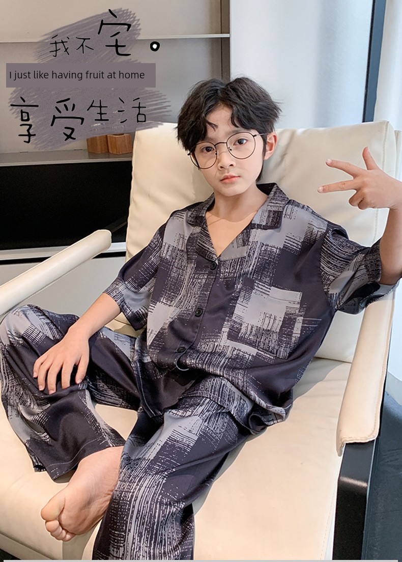 All-Cotton Pure Cotton Ice Silk Pajamas for Boys, Summer Short-Sleeve Three-Piece Set, Air-Conditioned Clothing for Older Children, 2026 New Model — 32