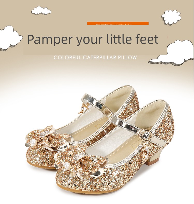 Girls' High-Heeled Shoes 2026 New Spring and Autumn Princess Shoes Round-Toe Performance Shoes Little Girls' Gold Host Performance Shoes — 1