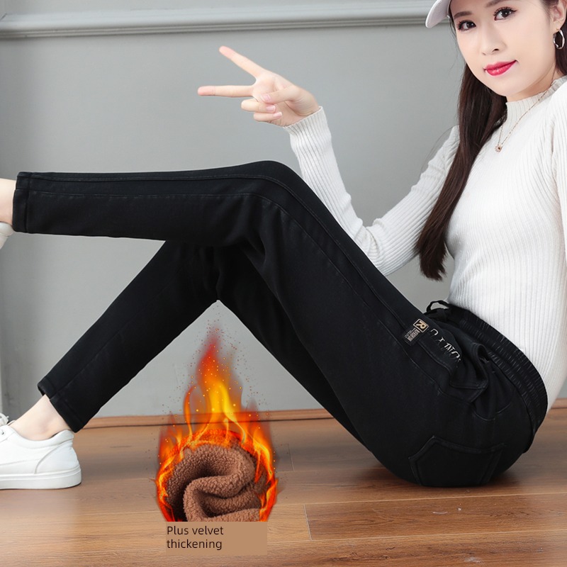 winter Women Elastic waist elastic force Plush Jeans
