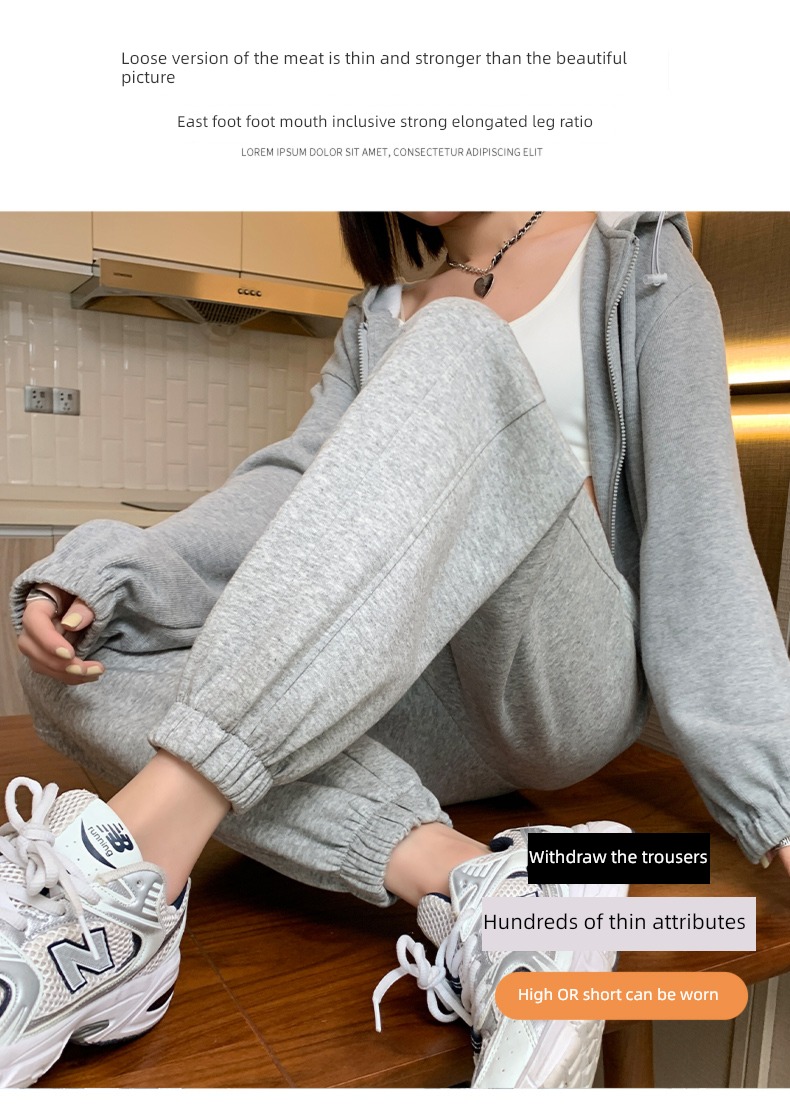 female Autumn and winter Plush Tie one's feet Show thin grey leisure time sweatpants