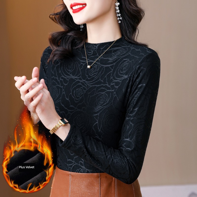 Autumn and winter Gauze Long sleeve T-shirt Plush keep warm Lace