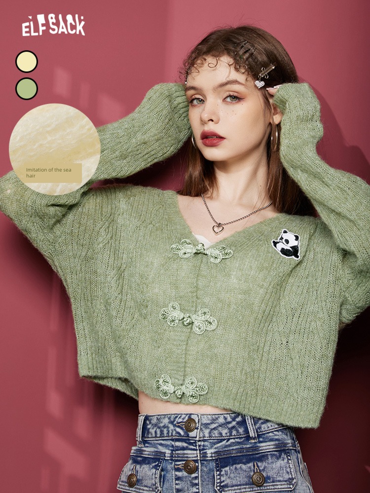 Goblin's pocket V-collar sweater loose coat knitting Cardigan