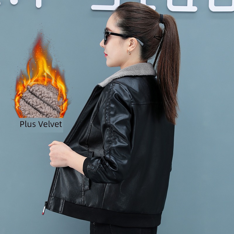 loose coat female Plush have cash less than that is registered in the accounts Big size middle age mom leather clothing