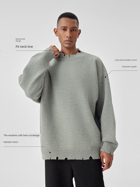 BODYDREAM BM round neck sweater men's casual ripped pullover knitted sweater loose retro solid color sweater trend