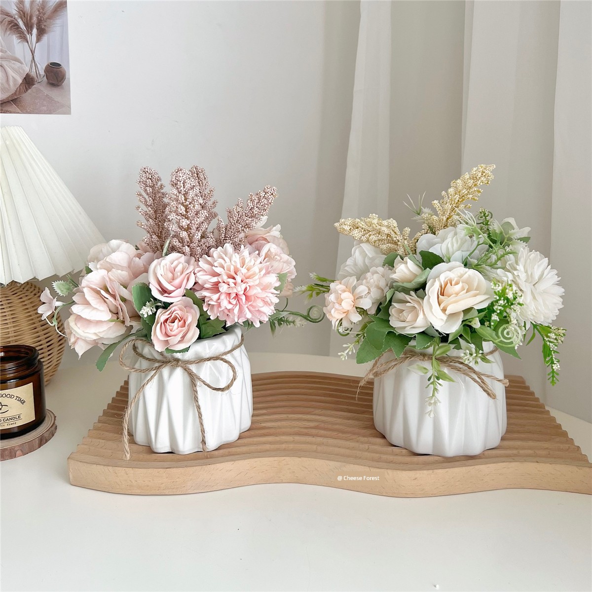 北歐風格仿真花盆栽搭配陶瓷麻繩花瓶居家裝飾假花擺件 (8.3折)