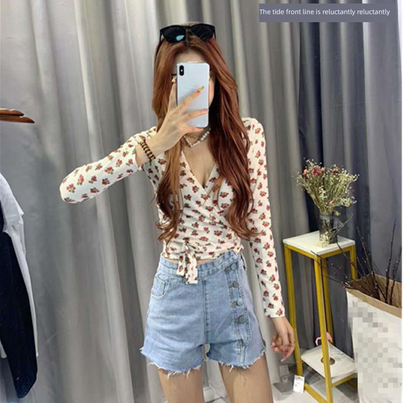 Internet celebrity Kwai Fu Self-cultivation V-neck overlapping Long sleeve T-shirt Cardigan