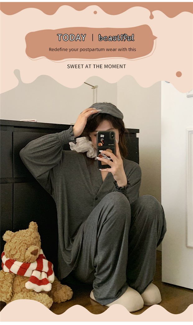 Free Hairband with Modal Maternity Pajamas for Women, Spring and Autumn Cool Nursing Postpartum Wear, Summer Thin Style with Breast Pads for Home Use — 11
