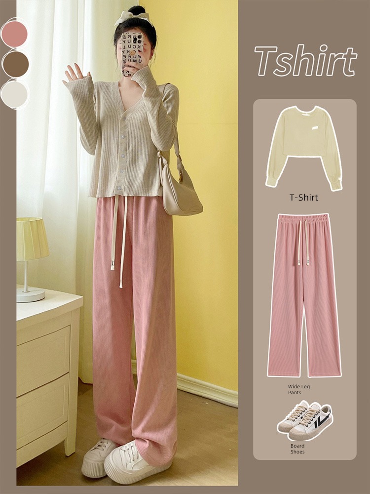 Pink Spring, autumn and winter Plush High waist leisure time Wide leg pants