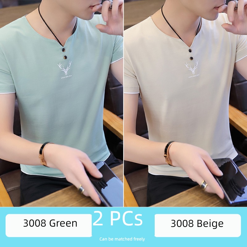 man Ice feeling V-neck Chaopai fashion Self-cultivation Short sleeve T-shirt