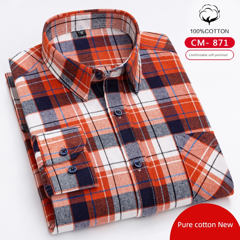 Long sleeve Cotton Sanding leisure time middle age lattice shirt