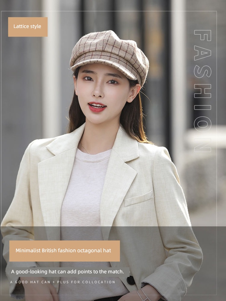female Autumn and winter Retro Star anise Street shot lattice Baseball cap