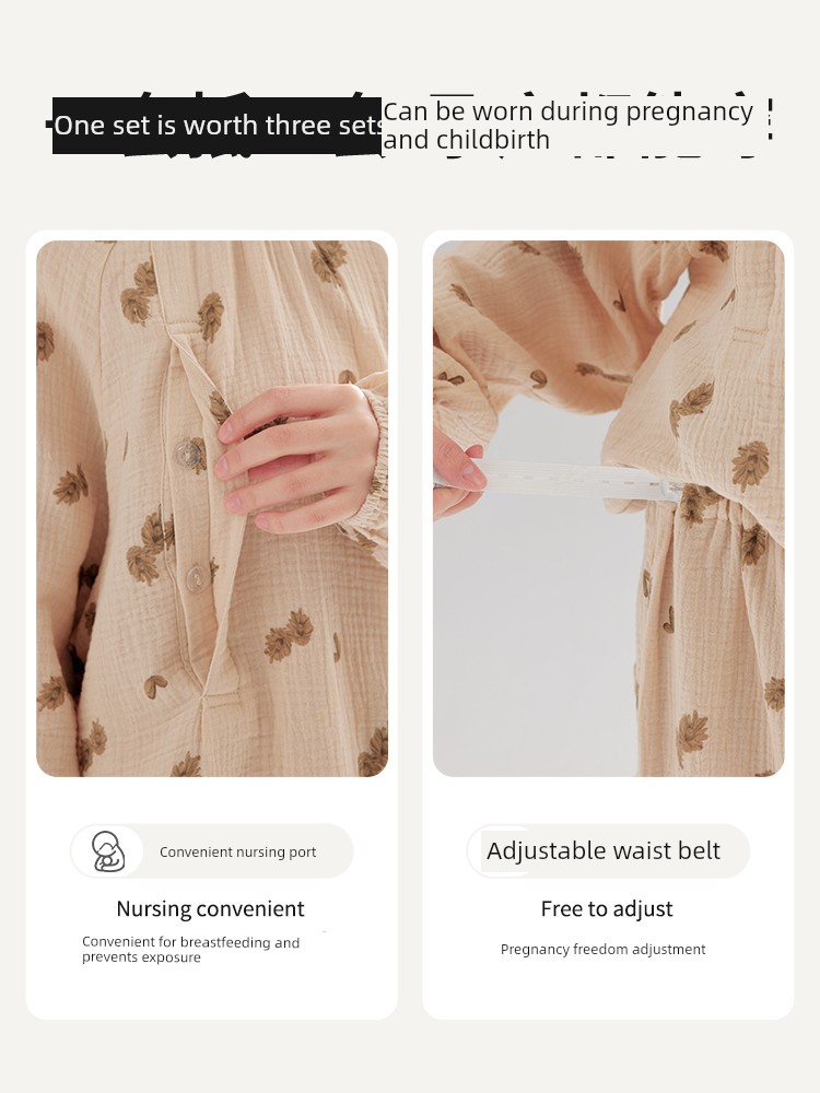 Gauze Postpartum Clothing, Summer Thin Style, Double-Layer Pure Cotton Nursing Home Wear, Breastfeeding Maternity Pajamas for Women, Spring and Autumn — 2