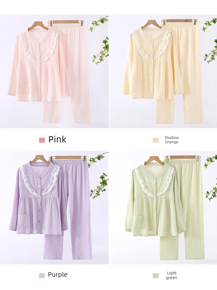 summer pure cotton female Cardigan Sweet lace air conditioner pajamas