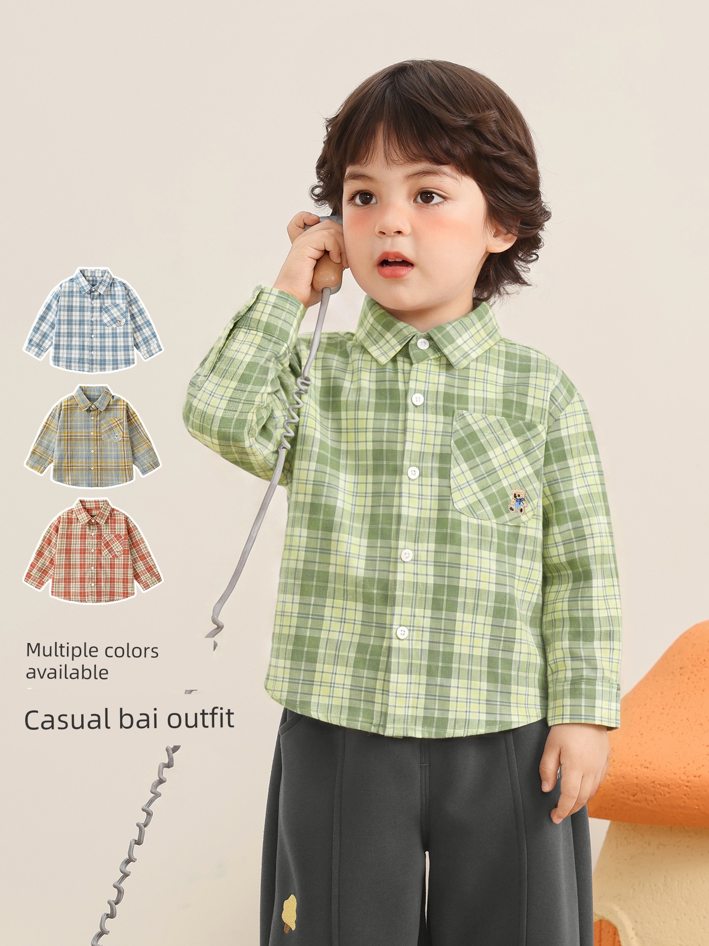 Kaka Panda Boys' Plaid Long-Sleeve Shirt Spring and Autumn Thin Jacket Children's Girls' Cotton Shirt Top — 2