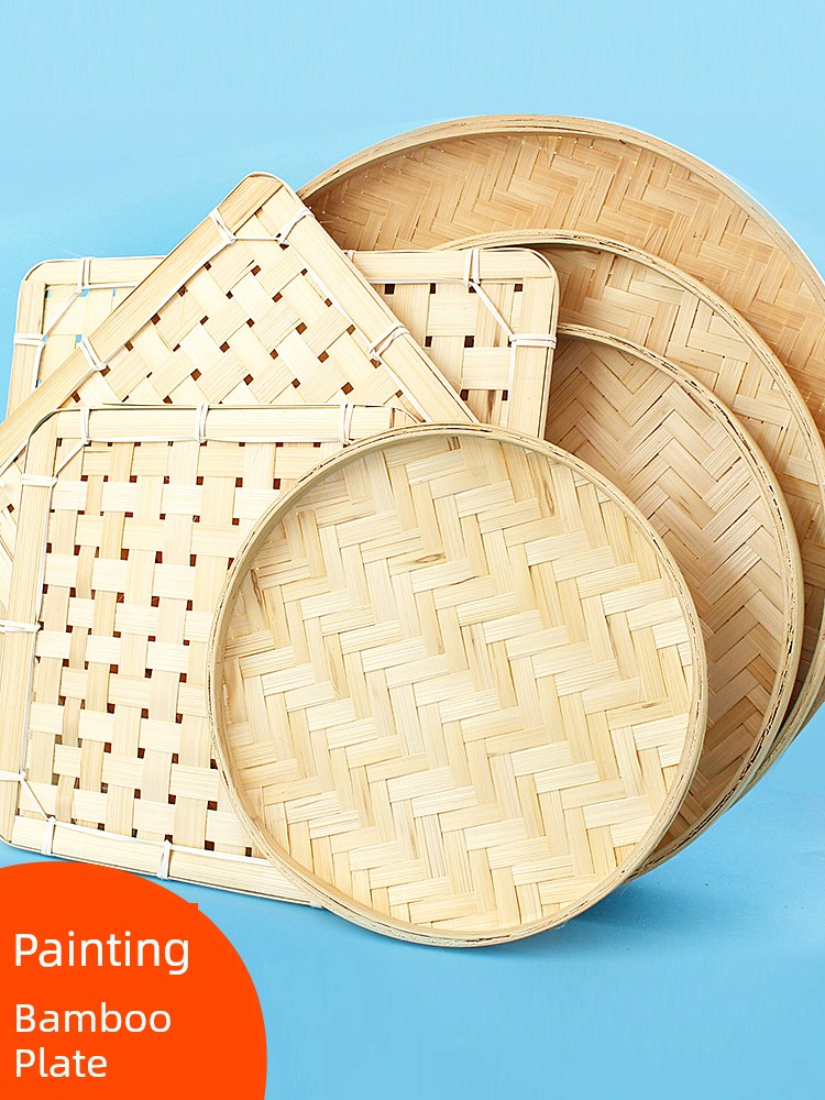 Bamboo Woven Dustpan for Painting Decoration DIY Creative Round and Square Bamboo Plaque with or Without Holes Sieve for Drying Bamboo Woven Dustpan Painting