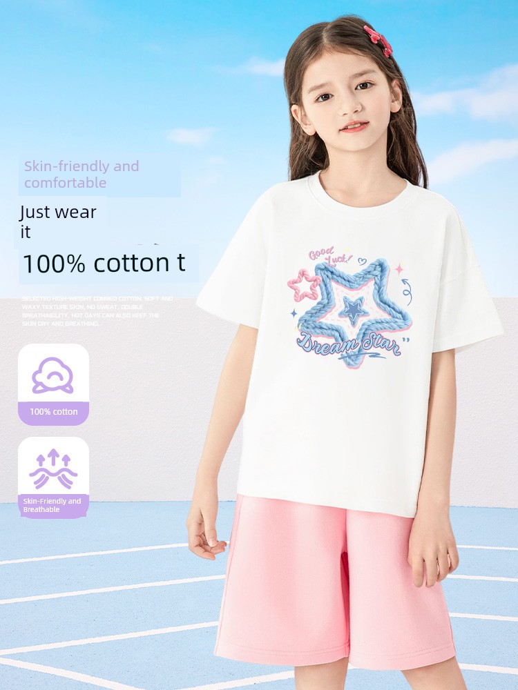Jeanswest Children's Clothing Girls' Short-Sleeved T-Shirt 2026 New White Pure Cotton Top Children's Summer Clothing T-Shirt — 2