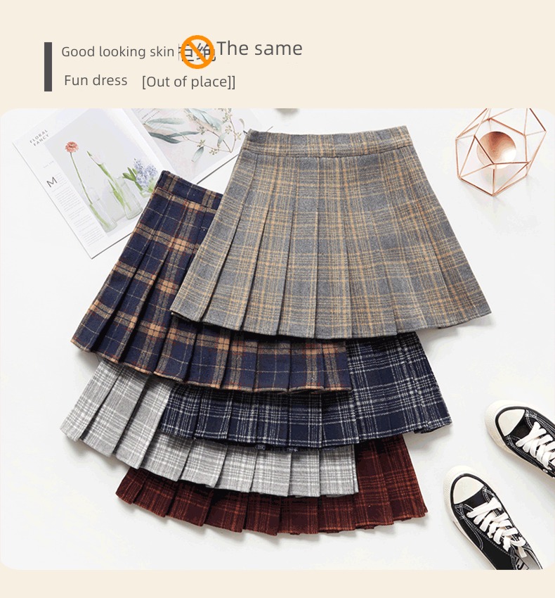 Wool lattice female Autumn and winter Academic atmosphere thickening Pleated skirt