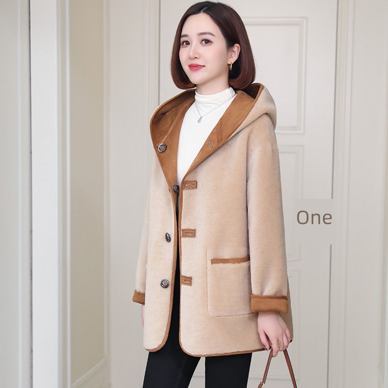 Sheep shearing overcoat female new pattern Hooded Medium and long term Wear it on both sides Fur in one grain wool leather and fur loose coat D076