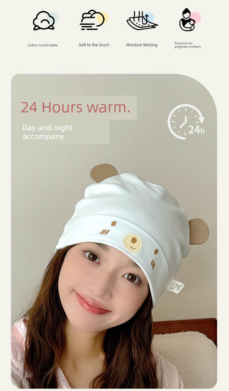 Postpartum Hat for All Seasons, Pure Cotton, Class A, Large Head Circumference, Cute, Thin Style for Spring and Summer, Windproof for Postpartum Women, — 2