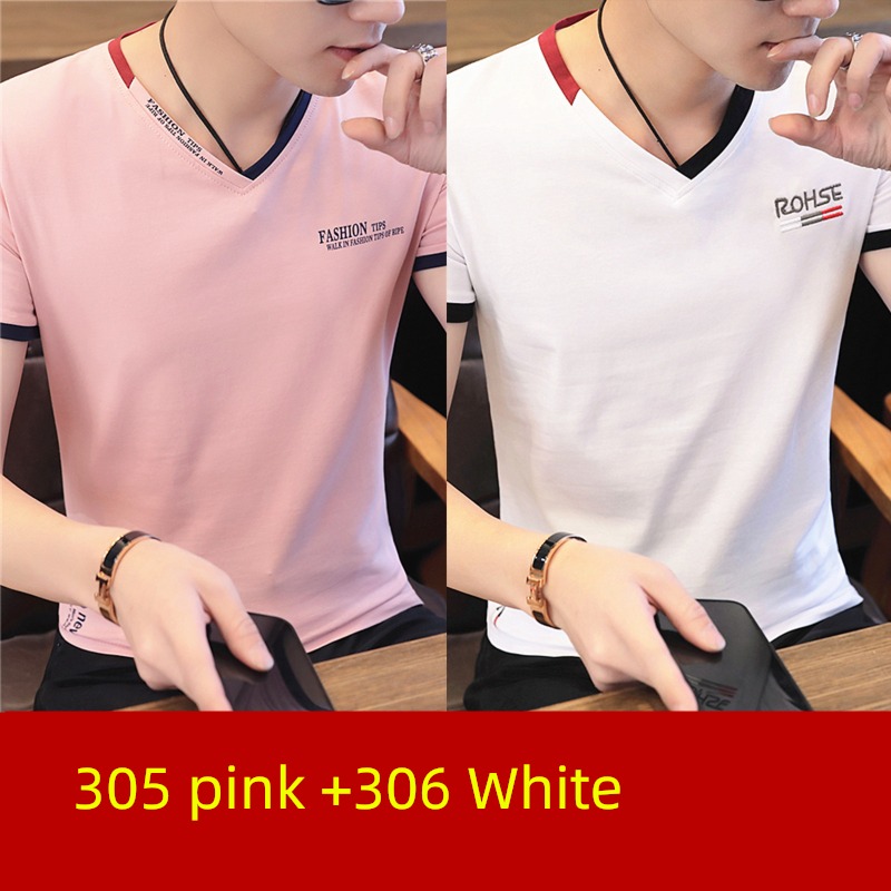 Chaopai man V-neck Pink clothes Korean version Short sleeve T-shirt