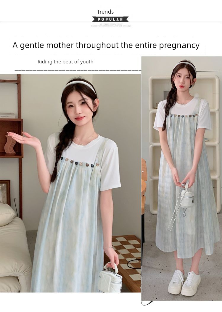 Maternity Dress 2026 New Summer Korean Style Fashion Age-Reducing Two-Piece Spliced Suspender Dress Loose Maternity Wear — 5
