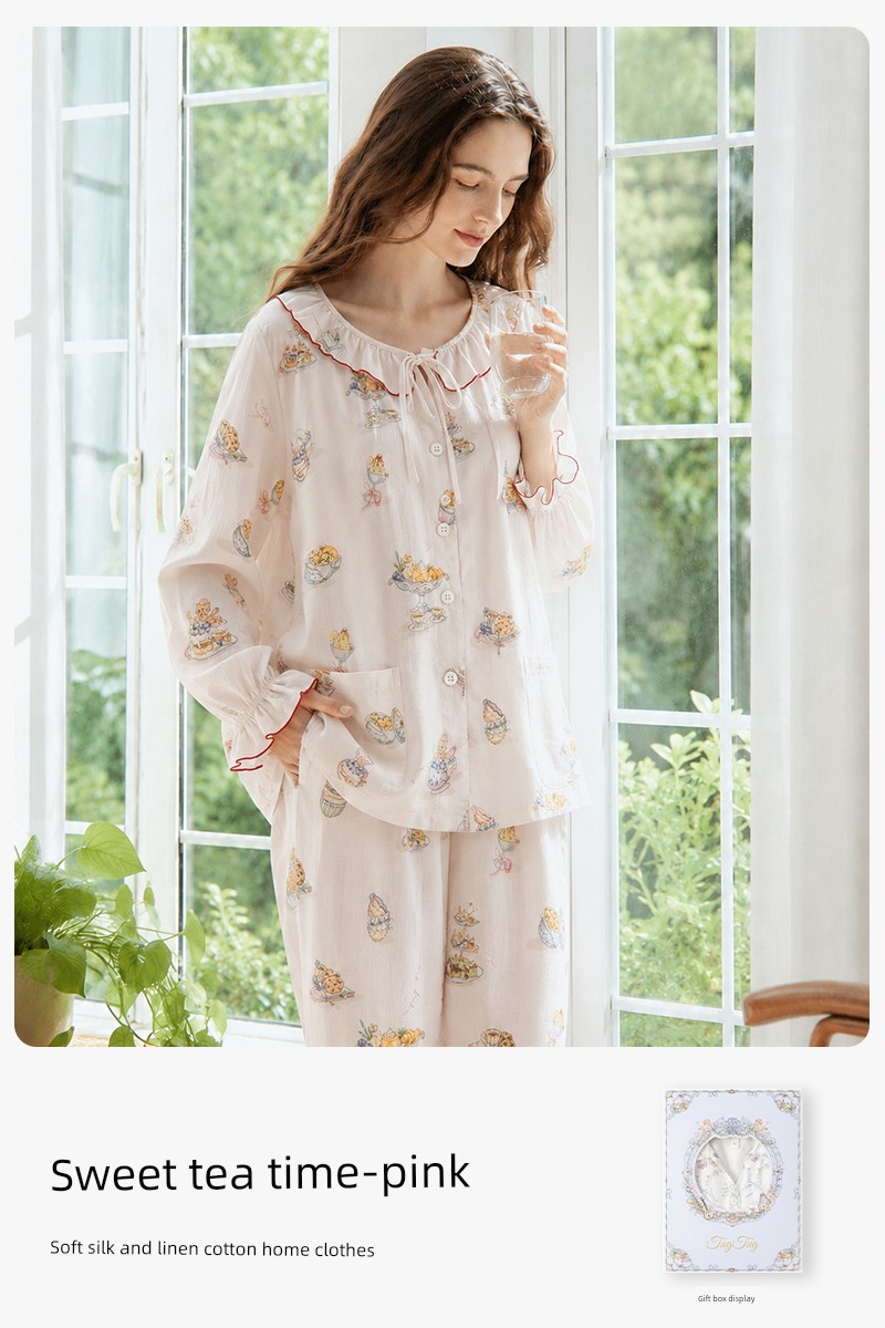 Tugtug Cotton Gauze Maternity Pajamas Autumn Thin Nursing Sleepwear Gauze Maternity Sleepwear Bamboo Cotton Sweat-Absorbent Home Wear Set — 1