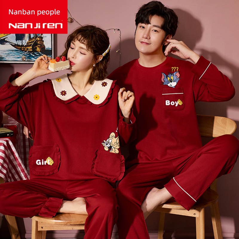 NGGGN gules female pure cotton newly-married lovers pajamas