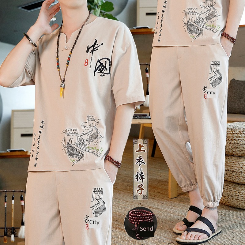 tide Chinese style man Short sleeve The new pure cotton flax