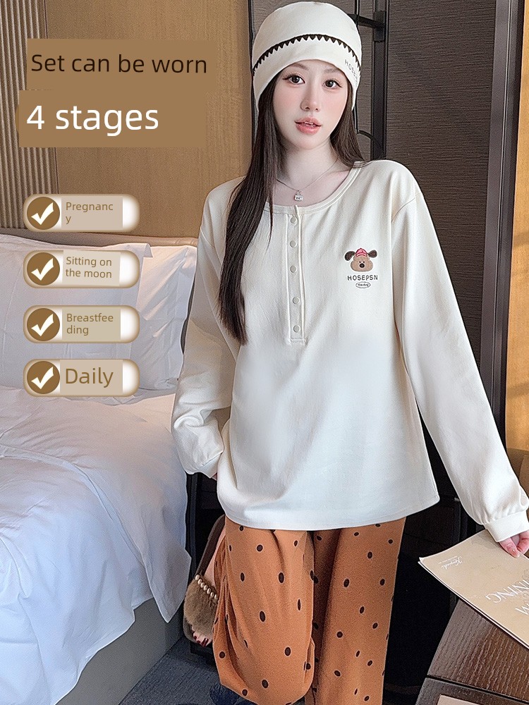 Free Hat with Winter Maternity Wear, Pure Cotton Nursing Pajamas, Spring and Autumn Postpartum All-Season Maternity Loungewear Set — 4