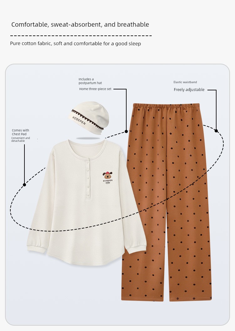 Free Hat with Winter Maternity Wear, Pure Cotton Nursing Pajamas, Spring and Autumn Postpartum All-Season Maternity Loungewear Set — 12