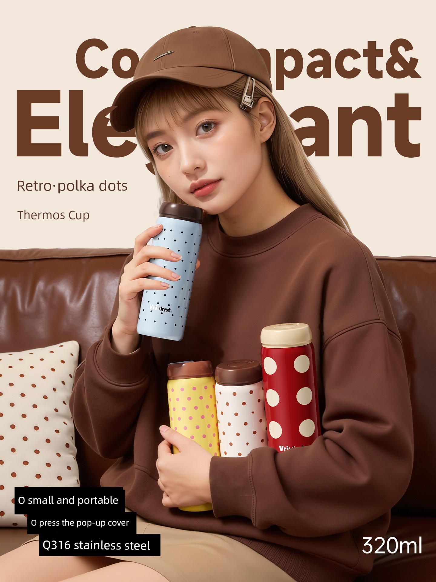 Vriuknt Retro Polka Dot Water Cup for Girls, High-Looking Thermos Cup, 316 Stainless Steel, Compact and Portable Pocket Cup