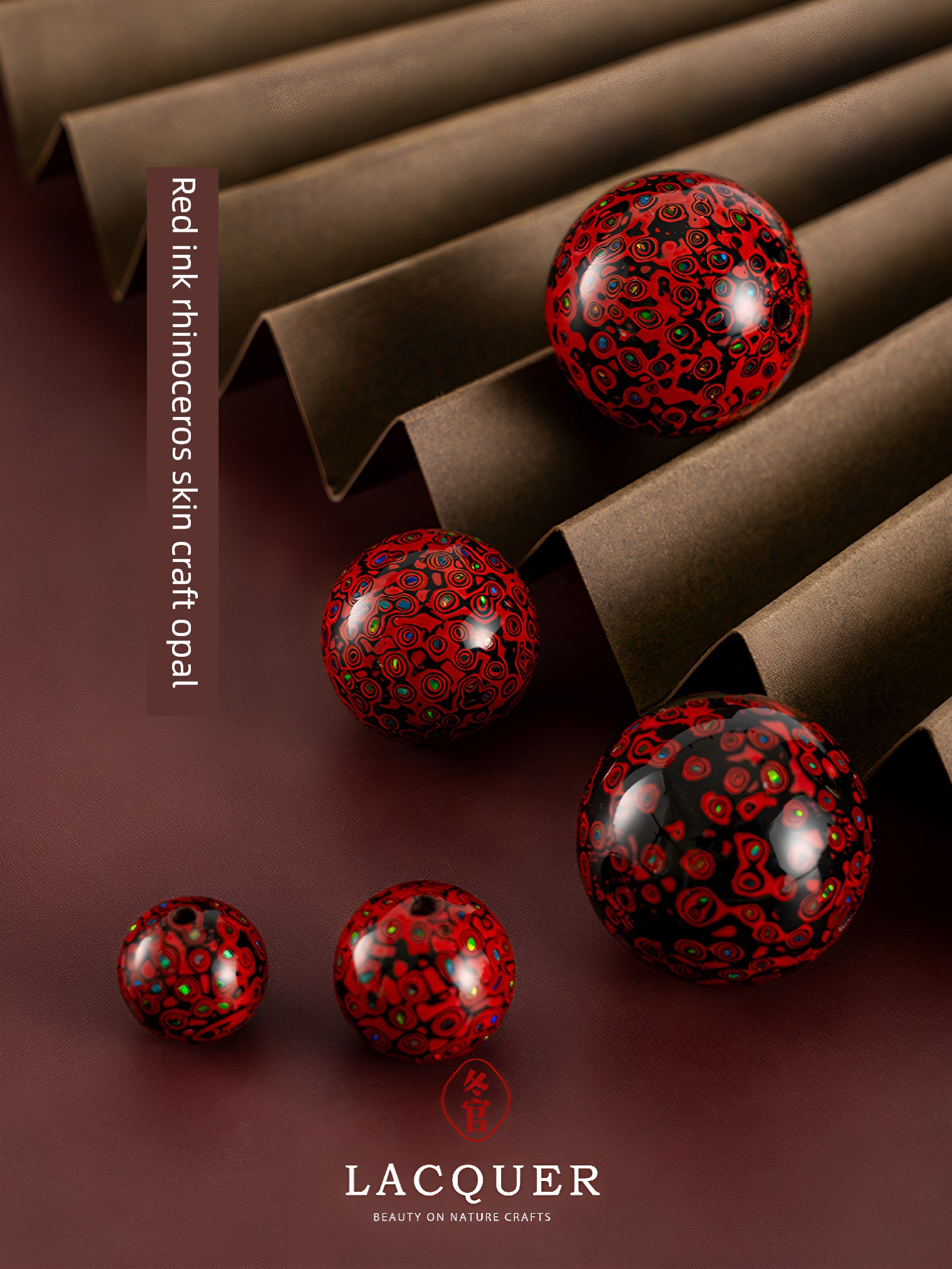 Natural Lacquer Single Bead Necklace Accessory, Rhino Skin Opal Bracelet, Handicrafts, Red Ink
