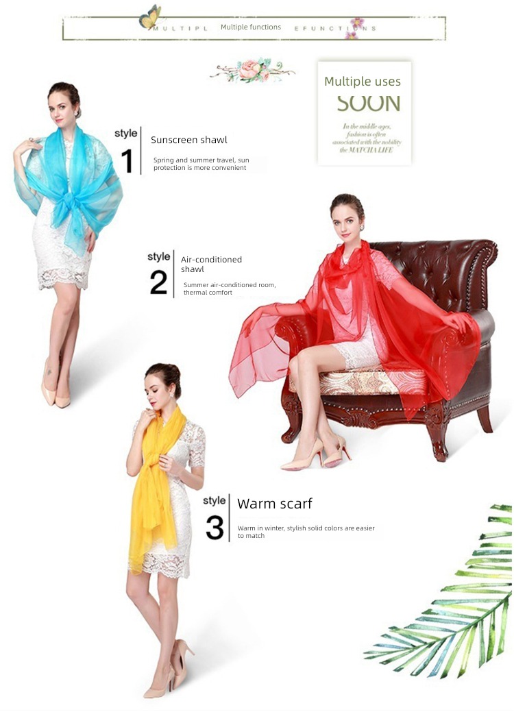 female Versatile Solid color Chiffon Oversized Spring, autumn and winter Silk scarf