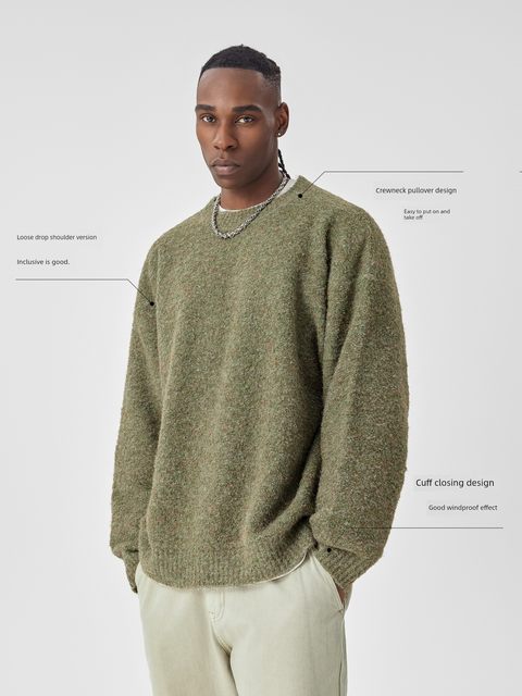 BODYDREAM BM wool twill sweater men round neck pullover sweater texture retro knit sweater trendy