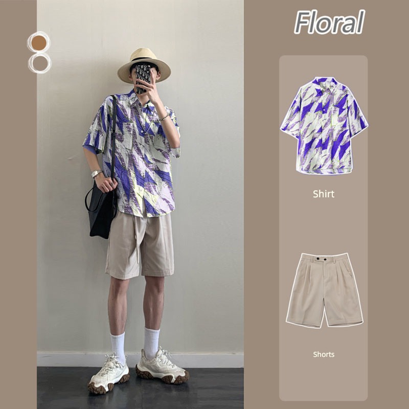 Hong Kong flavor Retro style leisure time Two piece set Short sleeve shirt