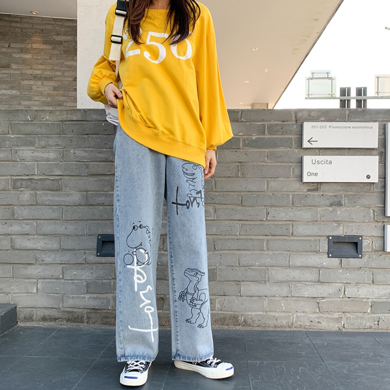 Hong Kong flavor Fat mm leisure time High waist Cartoon printing Jeans