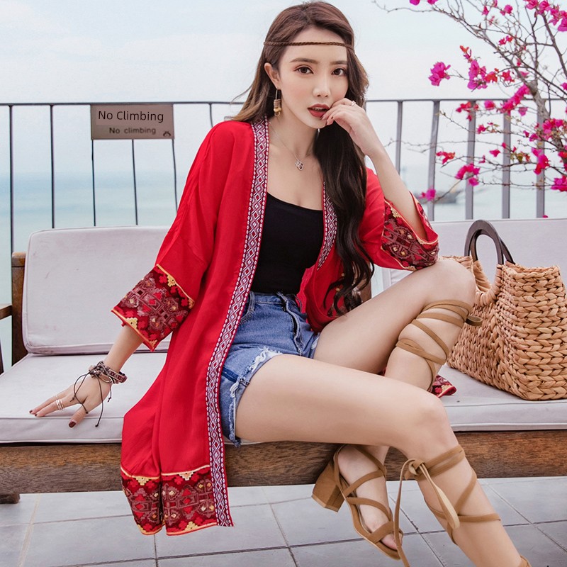 sandy beach Seaside holiday ethnic style Nine point sleeve Embroidery