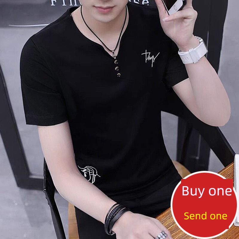 man V-collar Self-cultivation Ice silk Thin money Body Short sleeve T-shirt
