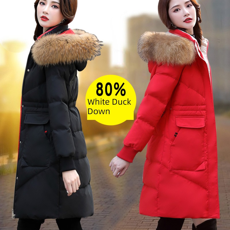 Korean version Medium and long term Raccoon dog Fur collar gules Down Jackets