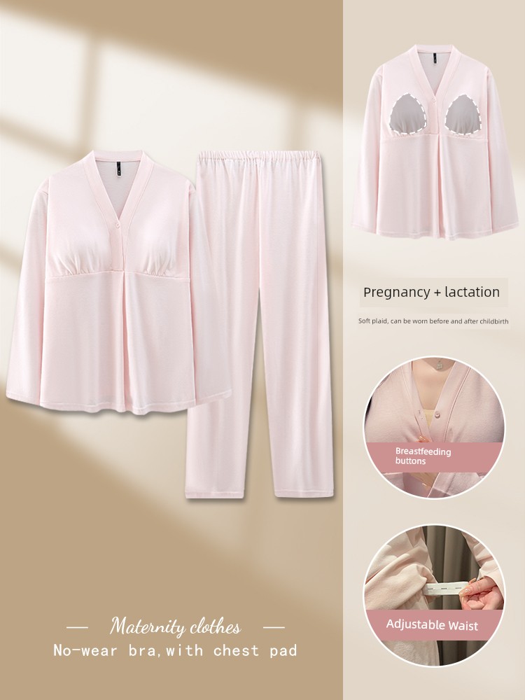 Simple Style Maternity Pajamas with Chest Pads, Pure Cotton, Thin Summer and Autumn Postpartum Nursing Sleepwear for Pregnant Women, All-Cotton for Autumn — 2