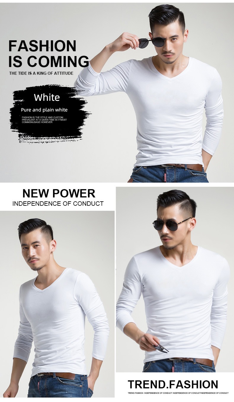 man V-collar Spring  Inner lap Tight fitting Long sleeve T-shirt