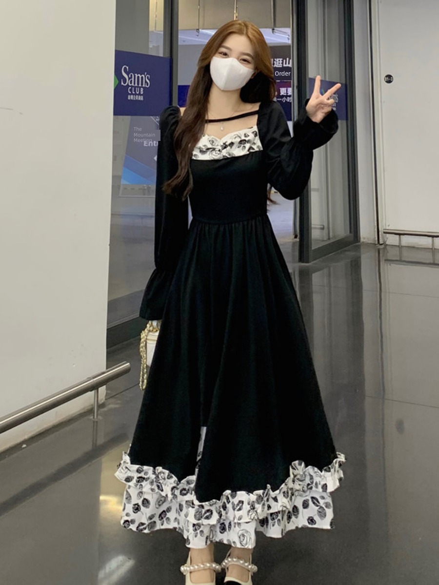Korean version Minority square neck easy Splicing Broken flower Dress